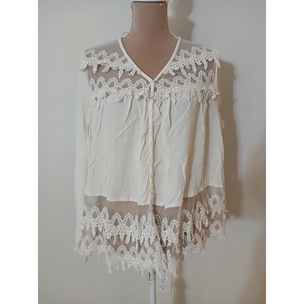 Karen Kane Cream Crochet Lace Mesh Button Front Blouse Boho Top Large FLAW